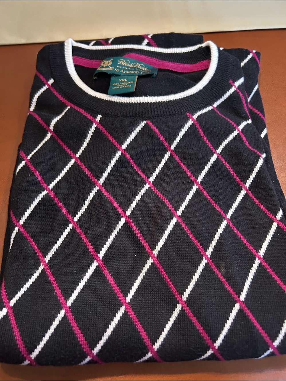 Brooks Brothers Argyle Crewneck Sweater - Black, Pink & White